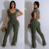 Fashion Women's Solid Color V-Neck Short-Sleeved Tassels Jumpsuit