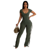 Fashion Women's Solid Color V-Neck Short-Sleeved Tassels Jumpsuit