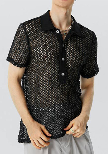 Summer Men's Solid Color Turndown Collar Knitting Shirt Loose See-Through Mesh Short-Sleeved Sexy T-Shirt