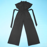Women's Solid Color Casual Women's Turndown Collar Short Sleeve Linen Jumpsuit