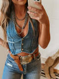 Women's Sleeveless Single-Breasted V-Neck Top Denim Vest