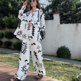 Women's Fashionable Printed Loose Top High Waist Wide Leg Pants Two-Piece Set