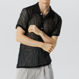 Summer Men's Solid Color Turndown Collar Knitting Shirt Loose See-Through Mesh Short-Sleeved Sexy T-Shirt