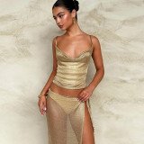 Summer Sexy Strap Top High Waist See-Through Tie Skirt Set