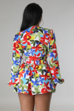 Women Fashion Print Long-Sleeved Tie Top Shorts Two-Piece Set