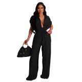 Women's Solid Color Casual Women's Turndown Collar Short Sleeve Linen Jumpsuit