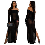 Women's Off Shoulder Long-Sleeved See-Through Slit Dress