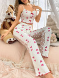 Sexy Pajamas Heart Printed Transparent Mesh Sleeveless Strap Tank Trousers Home Clothes