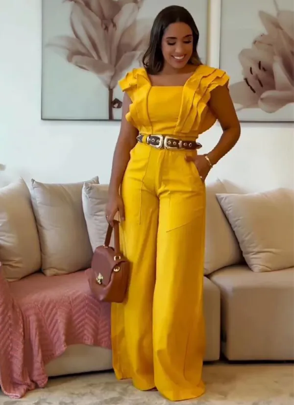 Women's Fashionable Ruffled Short Sleeve Top High Waist Wide Leg Pants Two-Piece Set