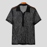 Summer Men's Solid Color Turndown Collar Knitting Shirt Loose See-Through Mesh Short-Sleeved Sexy T-Shirt