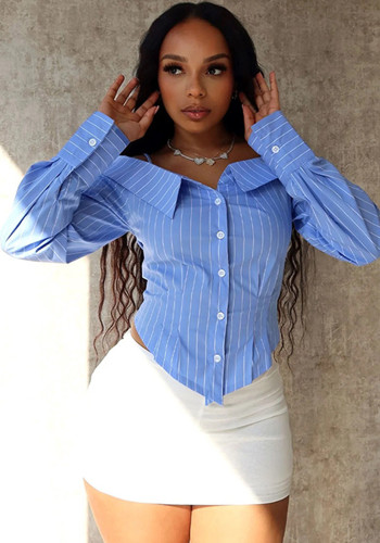 Summer Women's Striped Off Shoulder Strap Long Sleeve Shirt