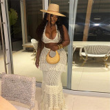 Summer Sexy U-Neck Crochet Vest High Waist Hollow Tassel Skirt Set