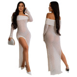 Women's Off Shoulder Long-Sleeved See-Through Slit Dress