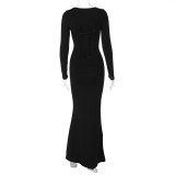 Women's Autumn Fashion Long Sleeve Low Back U-Neck Slim Long Dress