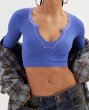 Women Casual Ribbed v-neck long-sleeved Top Crop T-shirt