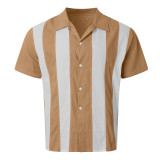 Summer Retro Contrast Stripe Patchwork Short Sleeve Shirt