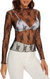 Women mesh long-sleeved floral embroidery See-Through Basic Top