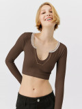 Women Casual Ribbed v-neck long-sleeved Top Crop T-shirt