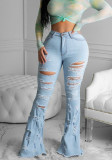 Fall Women Popular Ripped Tassel Bell Bottom Jeans Pants