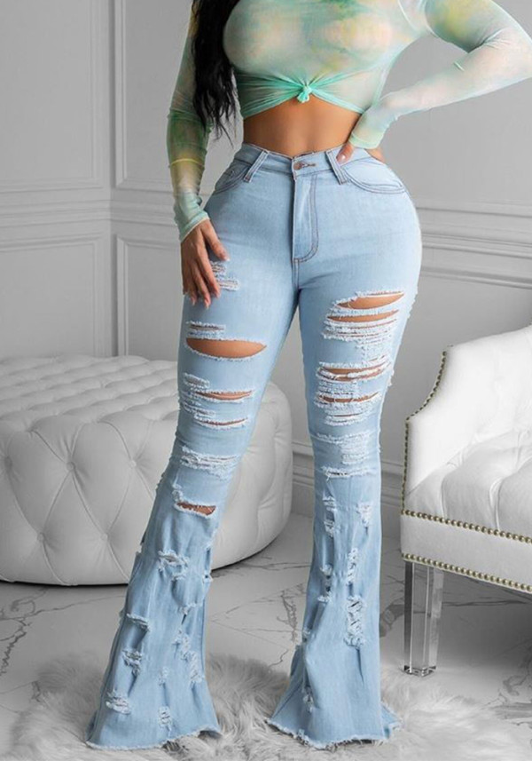 Fall Women Popular Ripped Tassel Bell Bottom Jeans Pants