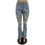 Fall Women Popular Ripped Tassel Bell Bottom Jeans Pants