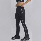 Women stretch contrast bra strap top and bell bottom long pants yoga sports two-piece suit