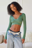 Women Casual Ribbed v-neck long-sleeved Top Crop T-shirt