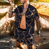 Men Summer Beach Style Printed Shirt and Shorts Two-piece Set