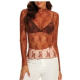 Women mesh long-sleeved floral embroidery See-Through Basic Top