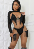 Women Tassel Top and Briefs with See-Through Shoulder Set