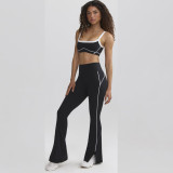 Women stretch contrast bra strap top and bell bottom long pants yoga sports two-piece suit