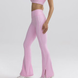 Women stretch contrast bra strap top and bell bottom long pants yoga sports two-piece suit