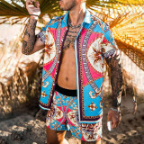 Men Summer Beach Style Printed Shirt and Shorts Two-piece Set