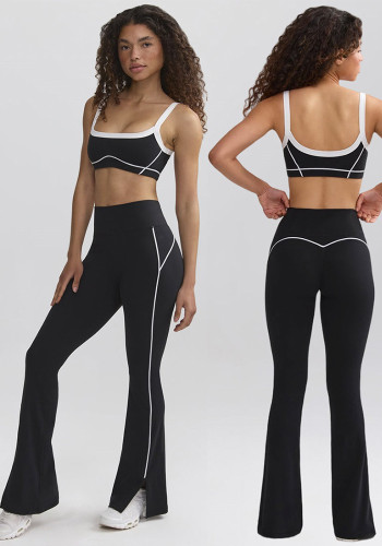 Women stretch contrast bra strap top and bell bottom long pants yoga sports two-piece suit