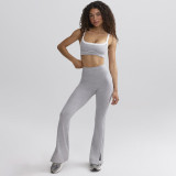 Women stretch contrast bra strap top and bell bottom long pants yoga sports two-piece suit