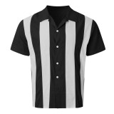 Summer Retro Contrast Stripe Patchwork Short Sleeve Shirt