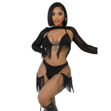 Women Tassel Top and Briefs with See-Through Shoulder Set