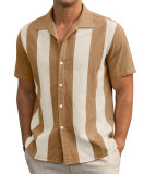 Summer Retro Contrast Stripe Patchwork Short Sleeve Shirt