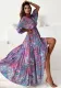 Women Autumn Long Sleeve Sexy V Neck Print Slit Dress