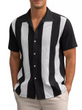 Summer Retro Contrast Stripe Patchwork Short Sleeve Shirt