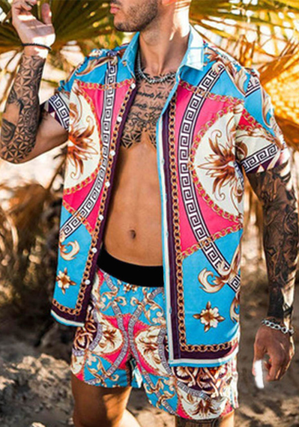 Men Summer Beach Style Printed Shirt and Shorts Two-piece Set