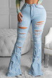 Fall Women Popular Ripped Tassel Bell Bottom Jeans Pants