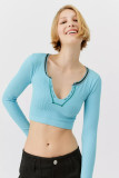 Women Casual Ribbed v-neck long-sleeved Top Crop T-shirt