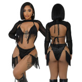 Women Tassel Top and Briefs with See-Through Shoulder Set