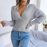 Women Autumn and Winter Hollow Short Sexy V-Neck Bat Sleeves Sweater Top