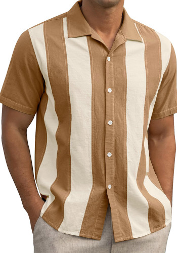 Summer Retro Contrast Stripe Patchwork Short Sleeve Shirt