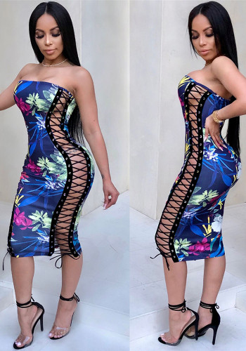 Women Sexy Double-Side Lace-Up Wrap-Chest Print Dress