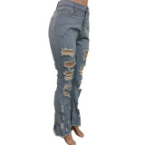 Fall Women Popular Ripped Tassel Bell Bottom Jeans Pants