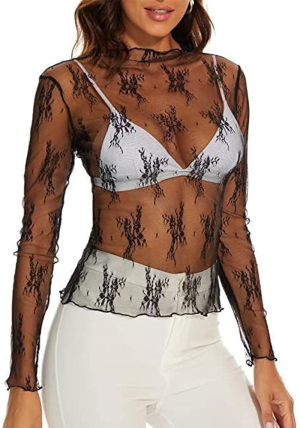 Women mesh long-sleeved floral embroidery See-Through Basic Top