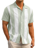 Summer Retro Contrast Stripe Patchwork Short Sleeve Shirt